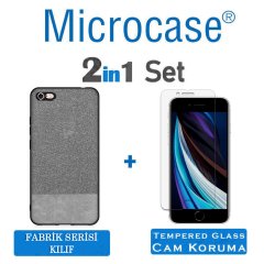 Microcase iPhone SE 2020 Fabrik Serisi Kumaş ve Deri Desen Kılıf - Gri + Tempered Glass Cam Koruma