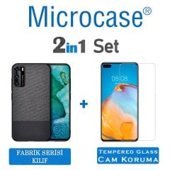 Microcase Huawei P40 Fabrik Serisi Kumaş ve Deri Desen Kılıf - Siyah + Tempered Glass Cam Koruma