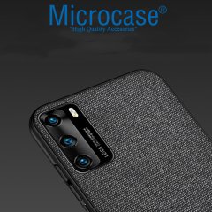 Microcase Huawei P40 Fabrik Serisi Kumaş ve Deri Desen Kılıf - Siyah + Tempered Glass Cam Koruma