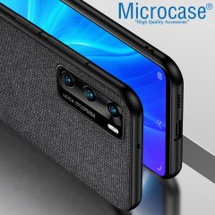 Microcase Huawei P40 Fabrik Serisi Kumaş ve Deri Desen Kılıf - Siyah + Tempered Glass Cam Koruma