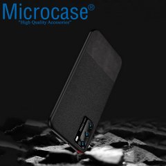 Microcase Huawei P40 Fabrik Serisi Kumaş ve Deri Desen Kılıf - Siyah + Tempered Glass Cam Koruma