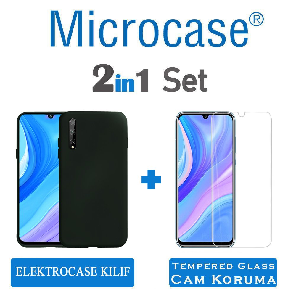 Huawei P Smart S Elektrocase Serisi Kamera Korumalı Silikon Kılıf - Siyah + Tempered Glass Koruma