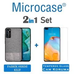 Microcase Huawei P40 Fabrik Serisi Kumaş ve Deri Desen Kılıf - Gri + Tempered Glass Cam Koruma