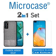 Microcase Huawei P40 Fabrik Serisi Kumaş ve Deri Desen Kılıf - Gri + Tempered Glass Cam Koruma