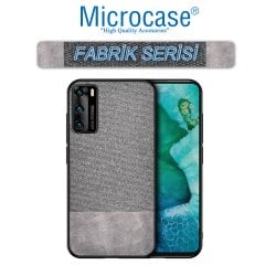 Microcase Huawei P40 Fabrik Serisi Kumaş ve Deri Desen Kılıf - Gri + Tempered Glass Cam Koruma