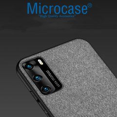 Microcase Huawei P40 Fabrik Serisi Kumaş ve Deri Desen Kılıf - Gri + Tempered Glass Cam Koruma