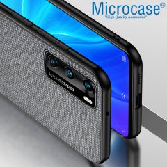Microcase Huawei P40 Fabrik Serisi Kumaş ve Deri Desen Kılıf - Gri + Tempered Glass Cam Koruma
