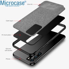 Microcase Huawei P40 Fabrik Serisi Kumaş ve Deri Desen Kılıf - Gri + Tempered Glass Cam Koruma