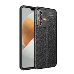 Microcase Vivo V23 5G Leather Serisi Deri Efekt Silikon Kılıf - Siyah