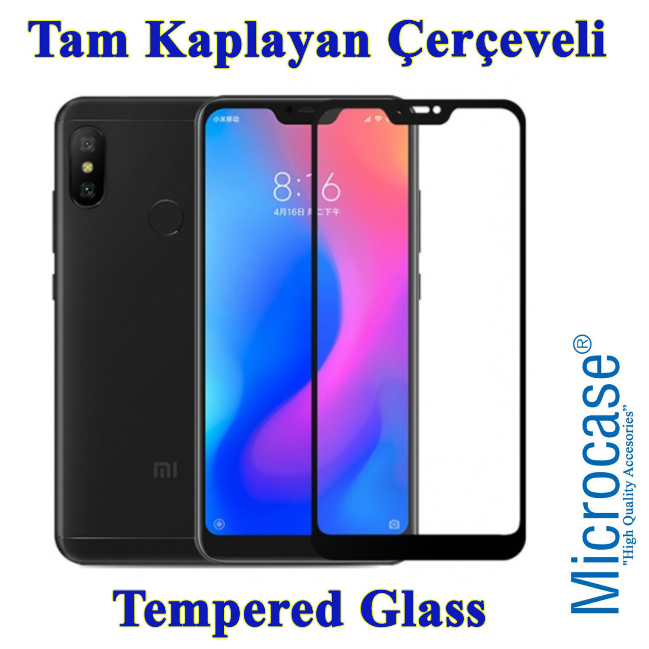 Redmi 6 Pro Tam Kaplayan Çerçeveli Tempered Ekran Koruma-SİYAH