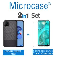 Microcase Huawei P40 Lite Fabrik Serisi Kumaş ve Deri Desen Kılıf - Siyah + Tempered Glass Cam Koruma