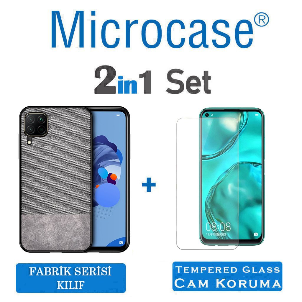 Microcase Huawei P40 Lite Fabrik Serisi Kumaş ve Deri Desen Kılıf - Gri + Tempered Glass Cam Koruma