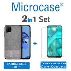 Microcase Huawei P40 Lite Fabrik Serisi Kumaş ve Deri Desen Kılıf - Gri + Tempered Glass Cam Koruma
