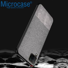Microcase Huawei P40 Lite Fabrik Serisi Kumaş ve Deri Desen Kılıf - Gri + Tempered Glass Cam Koruma