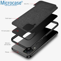 Microcase Huawei P40 Lite Fabrik Serisi Kumaş ve Deri Desen Kılıf - Siyah