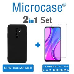 Microcase Xiaomi Redmi 9 Elektrocase Serisi Kamera Korumalı Silikon Kılıf - Siyah + Tempered Glass Koruma