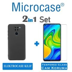 Microcase Xiaomi Redmi Note 9 Elektrocase Serisi Kamera Korumalı Silikon Kılıf - Siyah + Tempered Glass Koruma