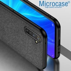 Microcase Realme 6 Pro Fabrik Serisi Kumaş ve Deri Desen Kılıf - Siyah + Tempered Glass Cam Koruma