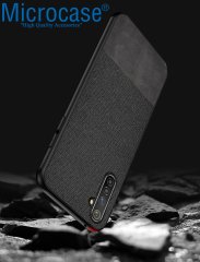 Microcase Realme 6 Pro Fabrik Serisi Kumaş ve Deri Desen Kılıf - Siyah