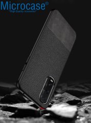 Microcase Oppo Find X2 Fabrik Serisi Kumaş ve Deri Desen Kılıf - Siyah