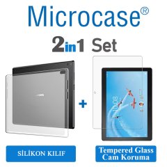 Microcase Lenovo Tab 4 10 Plus TB-X704F 10.1 Tablet Silikon Tpu Soft Kılıf - Şeffaf + Tempered Glass Cam Koruma