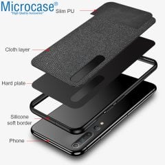 Microcase Xiaomi Mi 10 Fabrik Serisi Kumaş ve Deri Desen Kılıf - Siyah