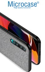 Microcase Xiaomi Mi 10 Fabrik Serisi Kumaş ve Deri Desen Kılıf - Gri