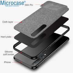 Microcase Xiaomi Mi 10 Fabrik Serisi Kumaş ve Deri Desen Kılıf - Gri