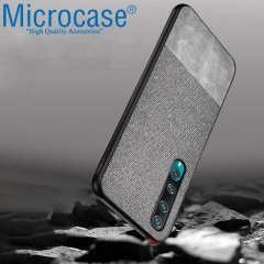 Microcase Xiaomi Mi 10 Fabrik Serisi Kumaş ve Deri Desen Kılıf - Gri