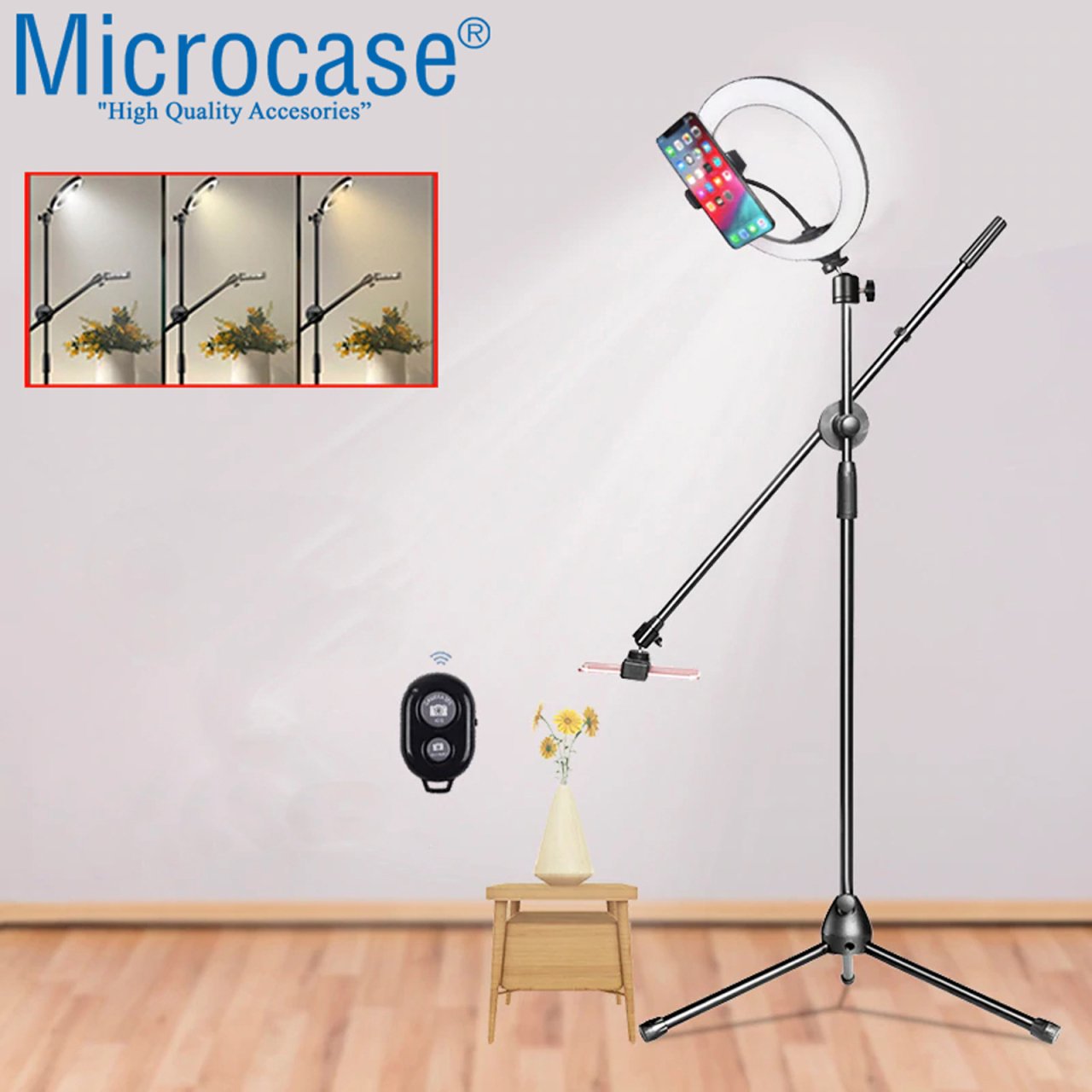 Microcase 26 cm Led Halka Işıklı Ürün Çekim Tripodu Bluetooth Kumandalı - AL2662