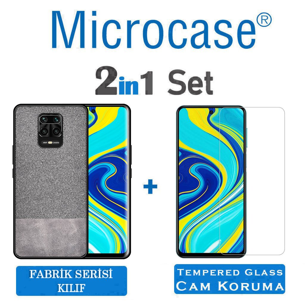 Microcase Xiaomi Redmi Note 9S - Redmi Note 9 Pro - Redmi Note 9 Pro Max Fabrik Serisi Kumaş ve Deri Desen Kılıf - Gri + Tempered Glass Cam Koruma