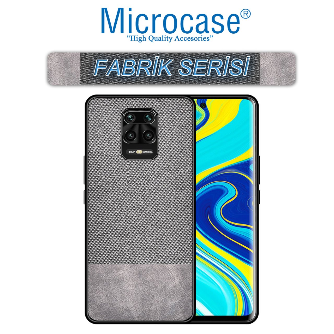 Microcase Xiaomi Redmi Note 9S - Redmi Note 9 Pro - Redmi Note 9 Pro Max Fabrik Serisi Kumaş ve Deri Desen Kılıf - Gri