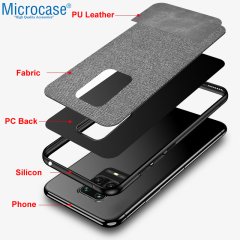 Microcase Xiaomi Redmi Note 9S - Redmi Note 9 Pro - Redmi Note 9 Pro Max Fabrik Serisi Kumaş ve Deri Desen Kılıf - Gri