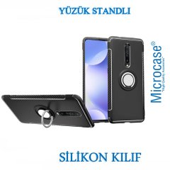 Microcase Xiaomi Redmi K30 Yüzük Standlı Armor Silikon Kılıf - Siyah + Tempered Glass Cam Koruma