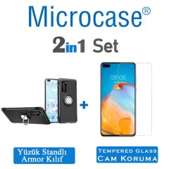 Microcase Huawei P40 Yüzük Standlı Armor Silikon Kılıf - Siyah + Tempered Glass Cam Koruma