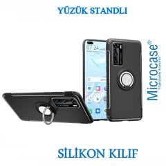 Microcase Huawei P40 Yüzük Standlı Armor Silikon Kılıf - Siyah + Tempered Glass Cam Koruma