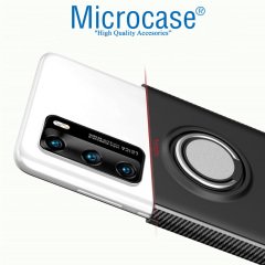 Microcase Huawei P40 Yüzük Standlı Armor Silikon Kılıf - Siyah + Tempered Glass Cam Koruma