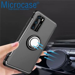 Microcase Huawei P40 Yüzük Standlı Armor Silikon Kılıf - Siyah + Tempered Glass Cam Koruma
