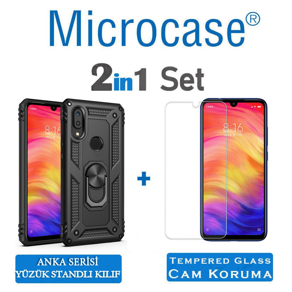 Microcase Xiaomi Redmi Note 7 - Note 7 Pro Anka Serisi Yüzük Standlı Armor Kılıf Siyah + Tempered Glass Cam Koruma (SEÇENEKLİ)