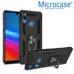 Microcase Xiaomi Redmi Note 7 - Note 7 Pro Anka Serisi Yüzük Standlı Armor Kılıf Siyah + Tempered Glass Cam Koruma (SEÇENEKLİ)