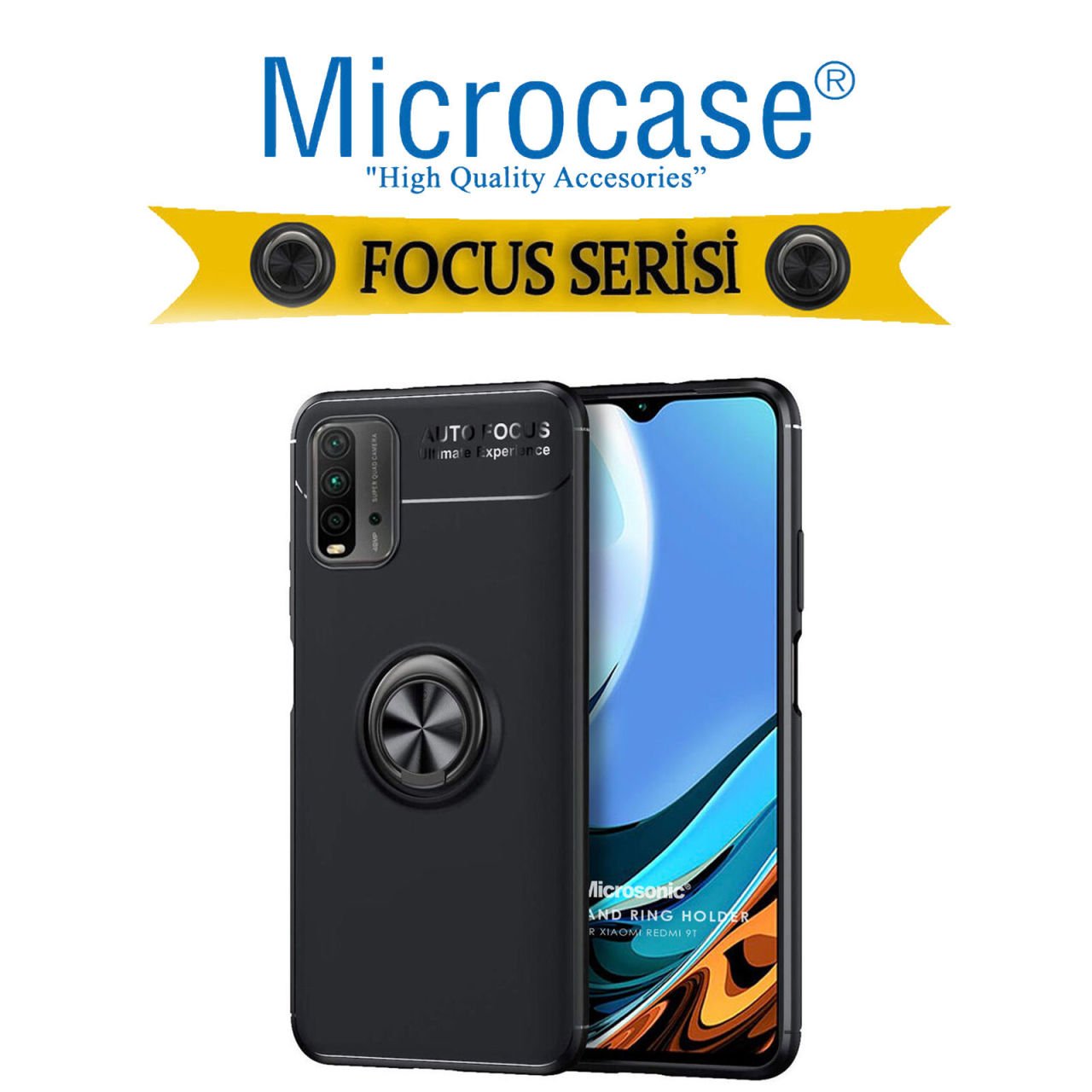 Microcase Xiaomi Redmi 9T Focus Serisi Yüzük Standlı Silikon Kılıf - Siyah