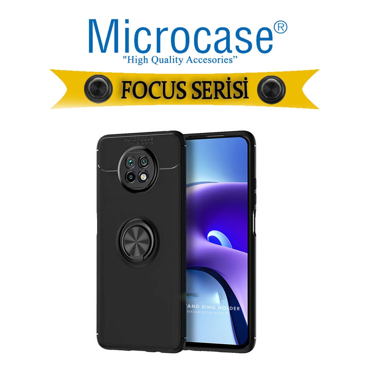 Microcase Xiaomi Redmi Note 9T Focus Serisi Yüzük Standlı Silikon Kılıf - Siyah