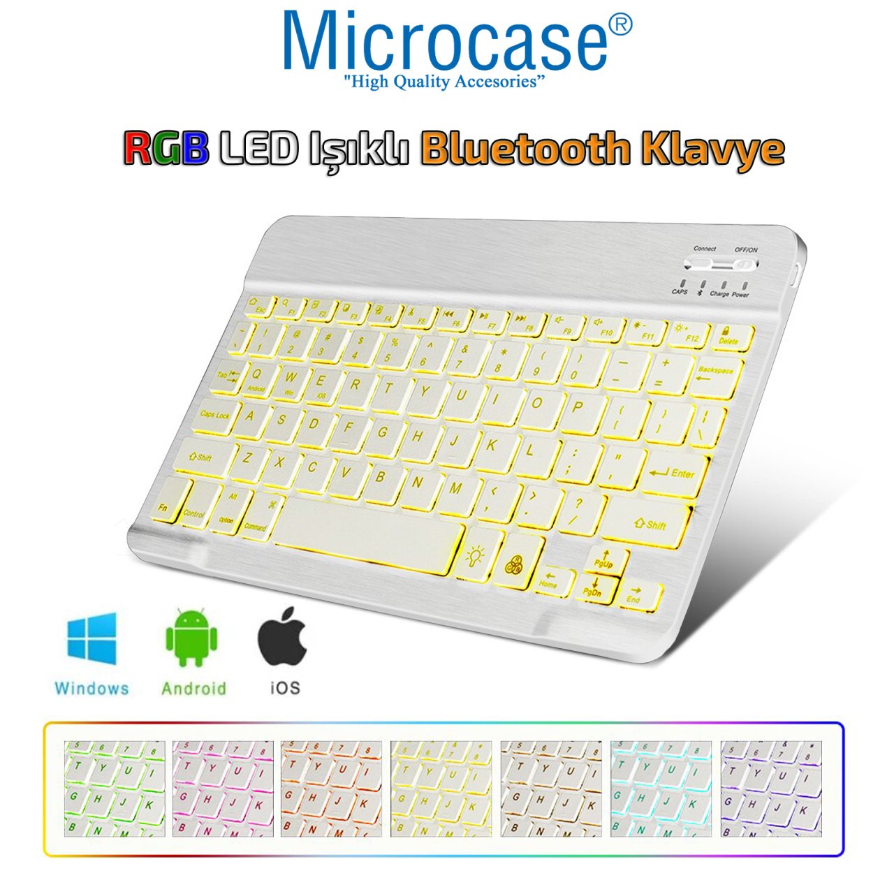 Microcase Tablet Telefonlar için RGB Işıklı Şarjlı Bluetooth Klavye + TR Klavye Sticker AL2670 Beyaz