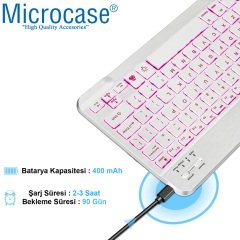 Microcase Tablet Telefonlar için RGB Işıklı Şarjlı Bluetooth Klavye + TR Klavye Sticker AL2670 Beyaz