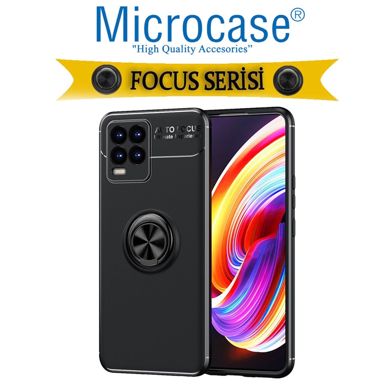 Microcase Realme 8 - Realme 8 Pro Focus Serisi Yüzük Standlı Silikon Kılıf - Siyah