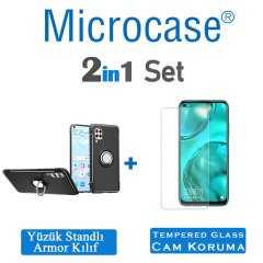 Microcase Huawei P40 Lite Yüzük Standlı Armor Silikon Kılıf - Siyah + Tempered Glass Cam Koruma