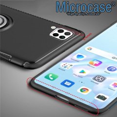 Microcase Huawei P40 Lite Yüzük Standlı Armor Silikon Kılıf - Siyah + Tempered Glass Cam Koruma