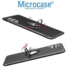 Microcase Huawei P40 Lite Yüzük Standlı Armor Silikon Kılıf - Siyah + Tempered Glass Cam Koruma