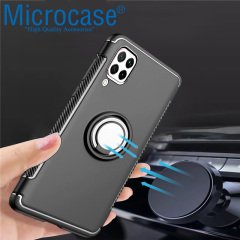 Microcase Huawei P40 Lite Yüzük Standlı Armor Silikon Kılıf - Siyah + Tempered Glass Cam Koruma