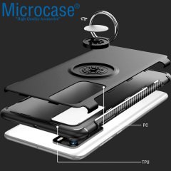 Microcase Huawei P40 Lite Yüzük Standlı Armor Silikon Kılıf - Siyah + Tempered Glass Cam Koruma